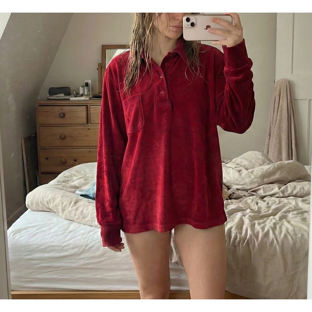 Vintage Red Velour/Velvet Long Sleeve Polo Shirt L/XL (Short & Wide Boxy Fit)